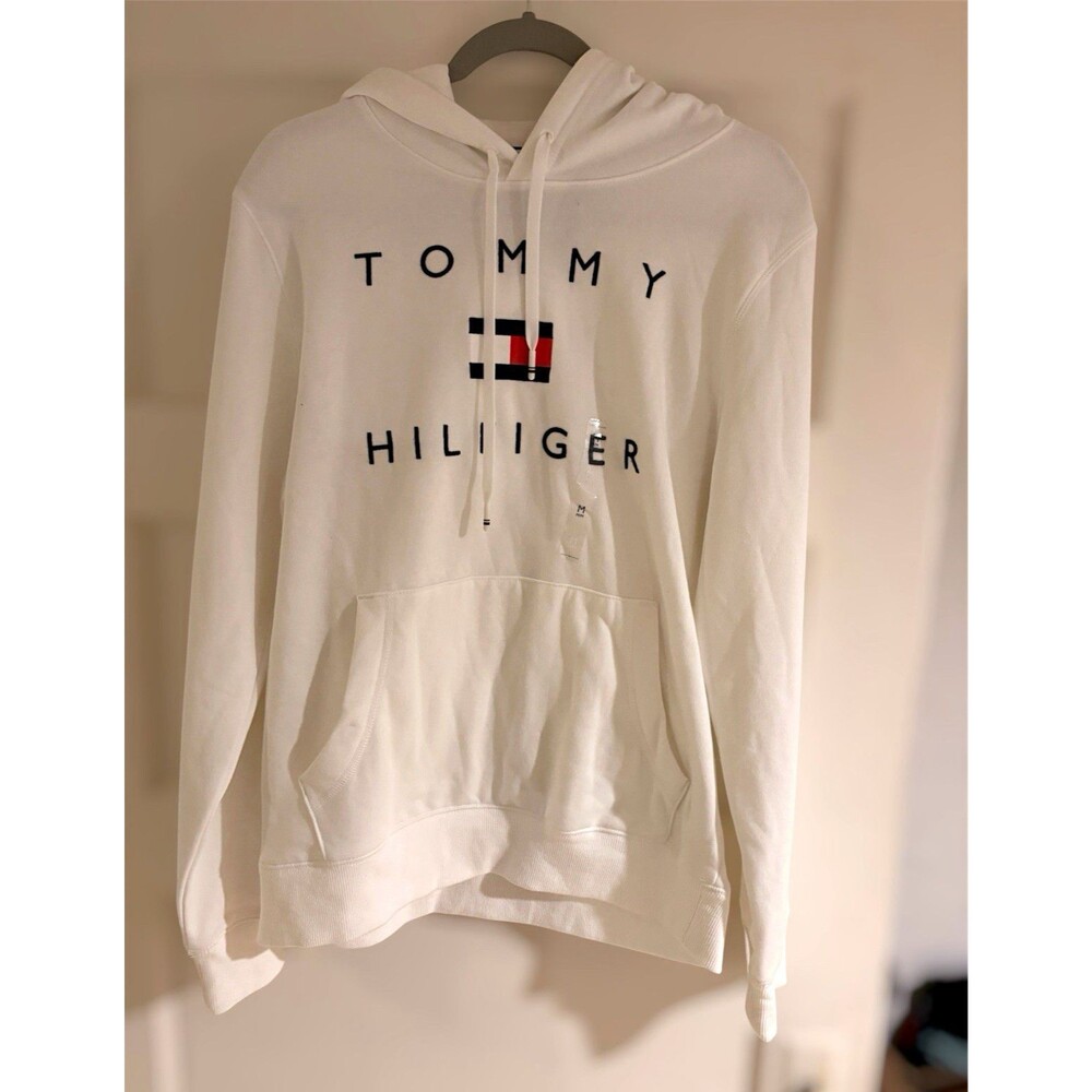 Tommy Hilfiger Men's White Logo Pullover Hoodie w/ Pockets Size M